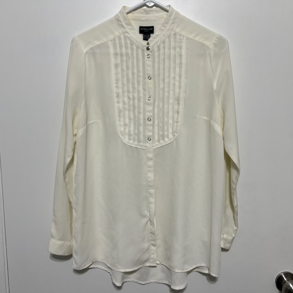 Cyrillus Paris Womens Cream Pleated Top Size 10 Tuxedo Ivory Victorian Designer